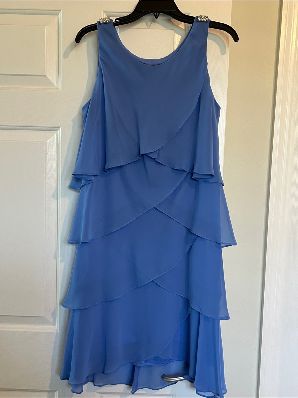 SLNY Blue Layered Chiffon Midi Dress with Embellished Straps